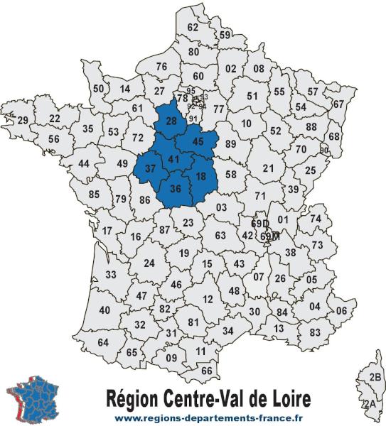 Départements de la région Centre-Val de Loire. CC BY-SA (https://creativecommons.org/licenses/by-sa/4.0) Carte des 6 départements de la région Centre-Val de Loire avec leurs numéros.