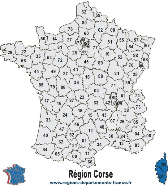 Carte des 2 départements de la Corse avec leurs numéros.