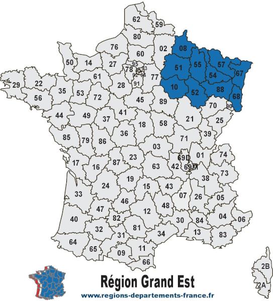 Carte des 8 départements de la région Grand Est avec leurs numéros.