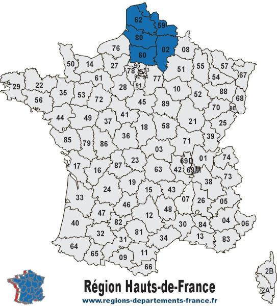 Carte des 5 départements de la région Hauts-de-France avec leurs numéros.