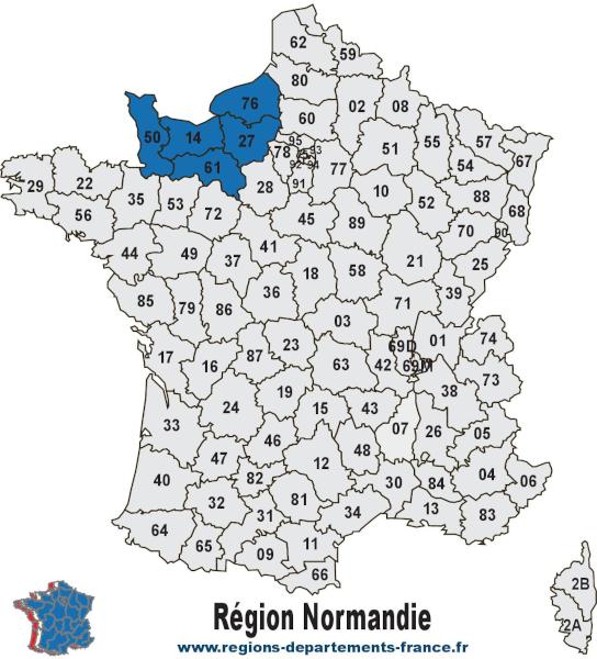 Carte des 5 départements de la région Normandie avec leurs numéros.