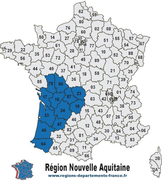 Carte des 5 départements de la région Nouvelle-Aquitaine avec leurs numéros.