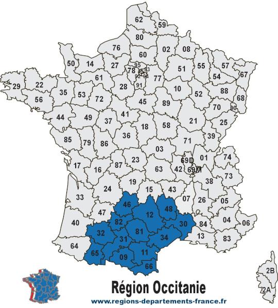Carte des 5 départements de la région Occitanie avec leurs numéros.