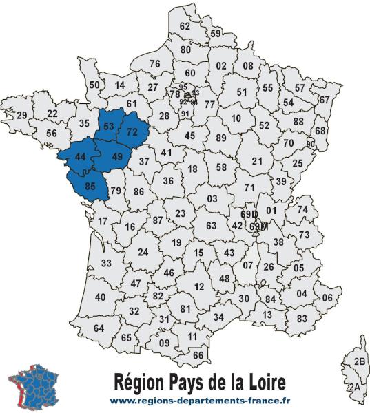 Carte des 5 départements des Pays de la Loire avec leurs numéros.
