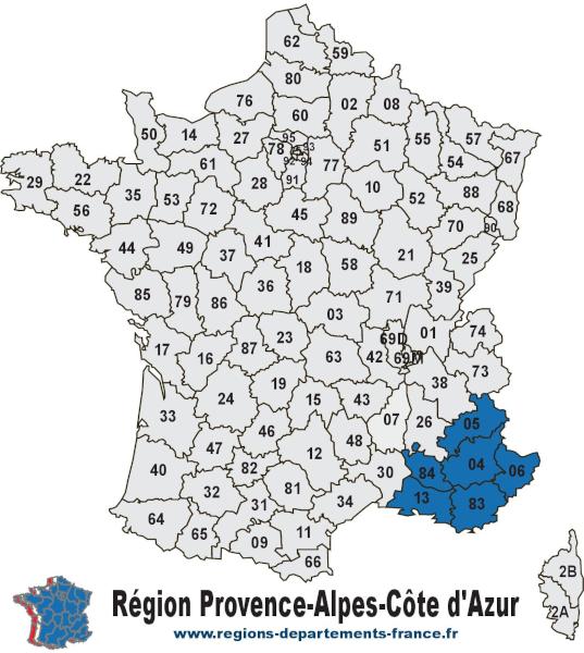 Carte des 6 départements de la région Provence-Alpes-Côte d'Azur avec leurs numéros.