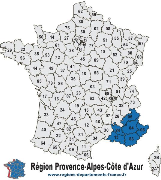 Départements de la région Provence-Alpes-Côte d'Azur. CC BY-SA (https://creativecommons.org/licenses/by-sa/4.0) Carte des 6 départements de la région Provence-Alpes-Côte d'Azur avec leurs numéros.