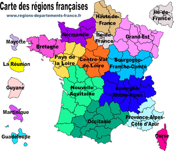 Carte de France des régions, Pays de la Loire matérialisée en jaune.