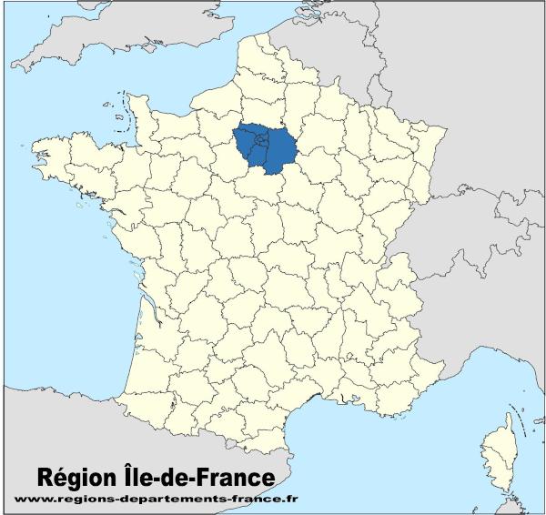 Carte des 6 départements de la région Île-de-France avec leurs numéros.