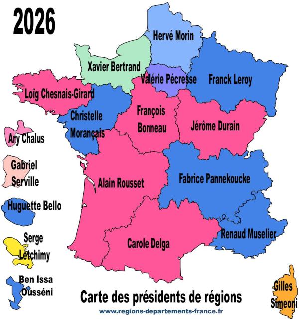 Carte de France des présidents de région - 2026